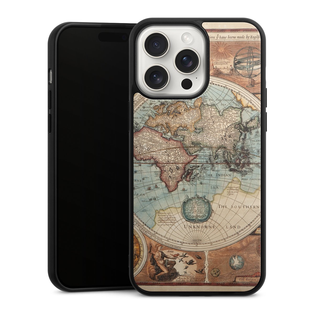 iPhone 15 Pro Max Handy Gallery Case Handyhülle 9H Gehärtetes Glas Rückseite Hülle World Map Vintage Map Gallery Case