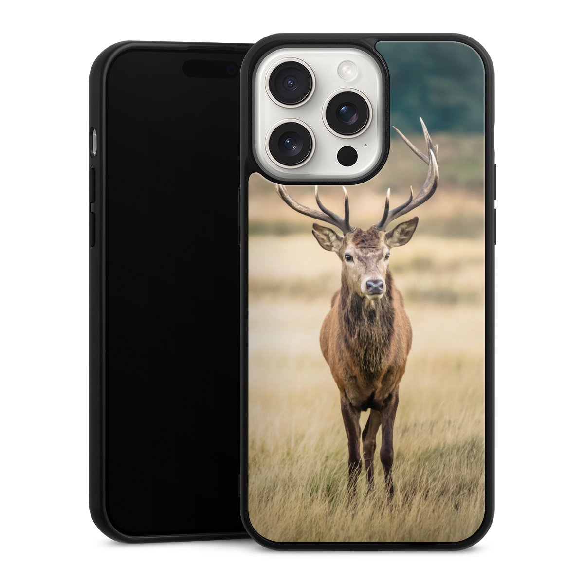 iPhone 15 Pro Max Handy Gallery Case Handyhülle 9H Gehärtetes Glas Rückseite Hülle Deer Meadow Forrest Gallery Case