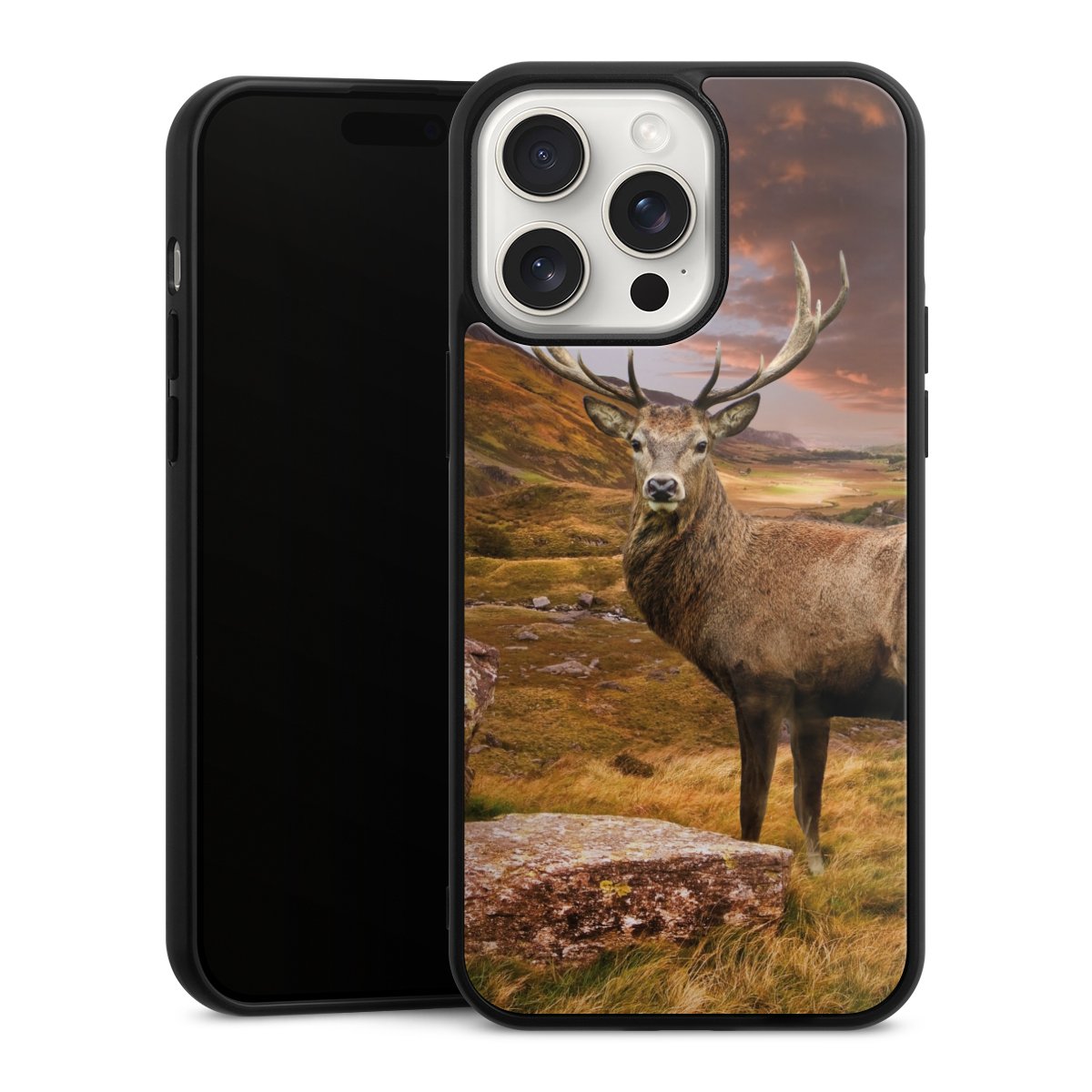 iPhone 15 Pro Max Handy Gallery Case Handyhülle 9H Gehärtetes Glas Rückseite Hülle Meadow Mountain Deer Gallery Case