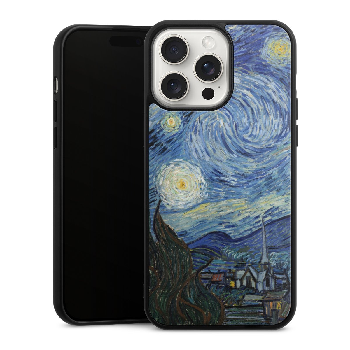 iPhone 15 Pro Max Handy Gallery Case Handyhülle 9H Gehärtetes Glas Rückseite Hülle The Starry Night Kunst Vincent Van Gogh Gallery Case