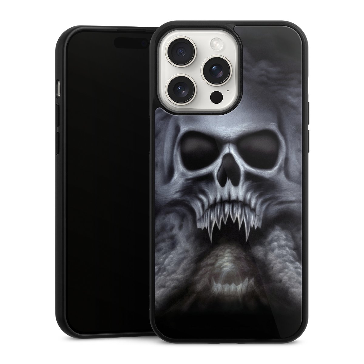 iPhone 15 Pro Max Handy Gallery Case Handyhülle 9H Gehärtetes Glas Rückseite Hülle Totenkopf Skull Gallery Case