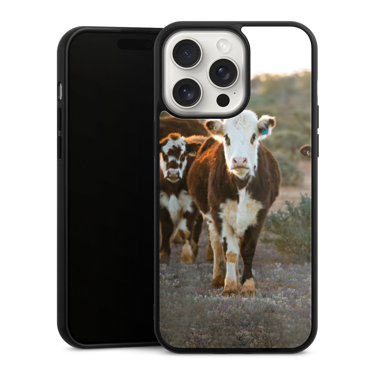 iPhone 15 Pro Max Handy Gallery Case Handyhülle 9H Gehärtetes Glas Rückseite Hülle Cow Farmer Calf Gallery Case