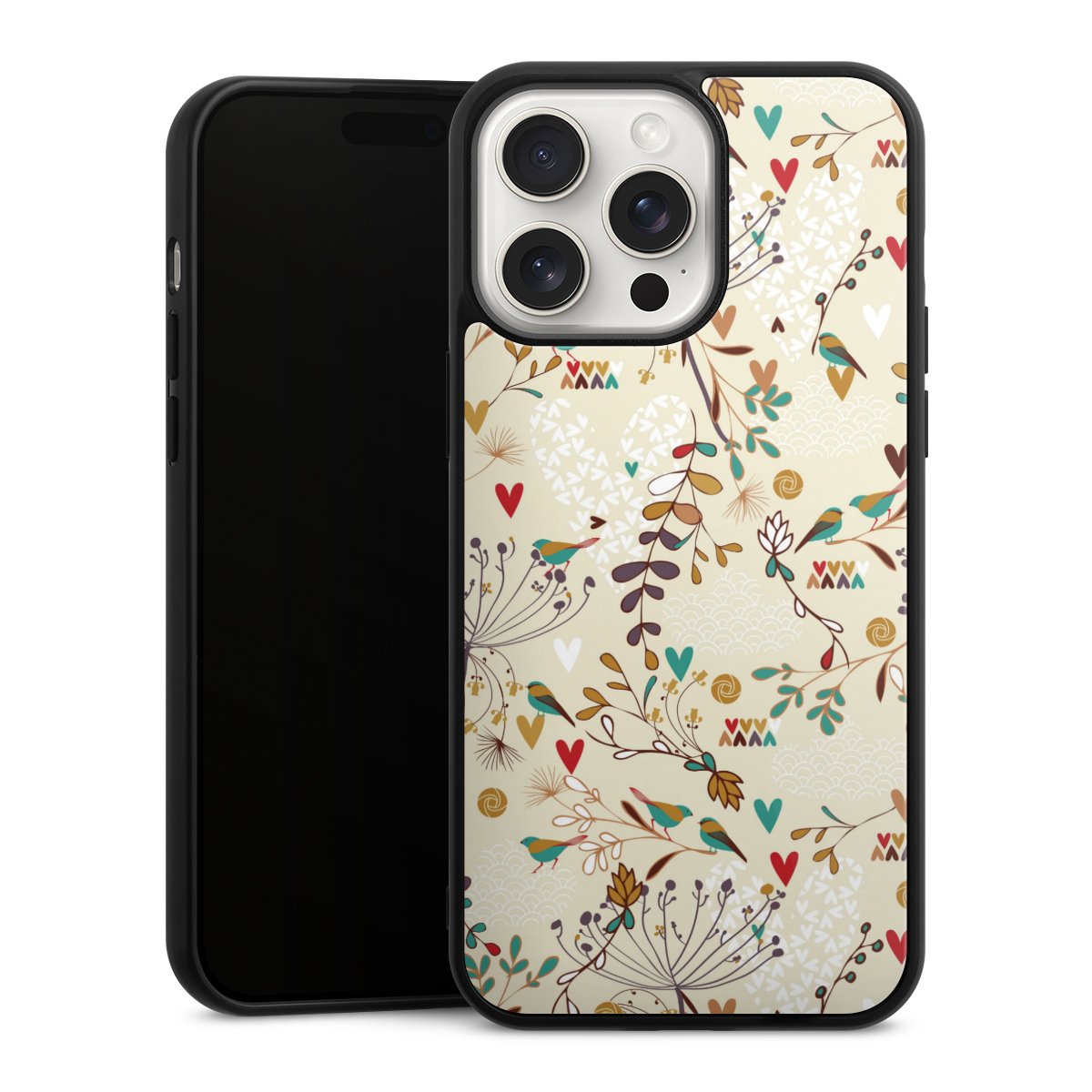 iPhone 15 Pro Max Handy Gallery Case Handyhülle 9H Gehärtetes Glas Rückseite Hülle Bird Flowers Retro Gallery Case