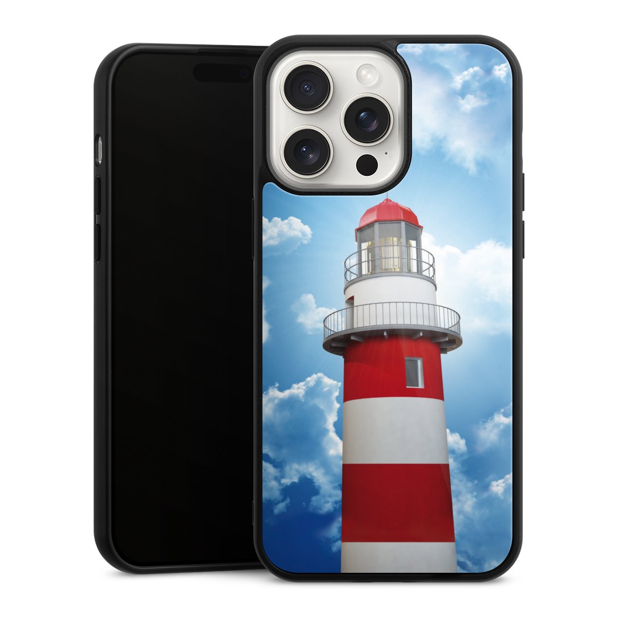 iPhone 15 Pro Max Handy Gallery Case Handyhülle 9H Gehärtetes Glas Rückseite Hülle Lighthouse Sky Cloud Gallery Case