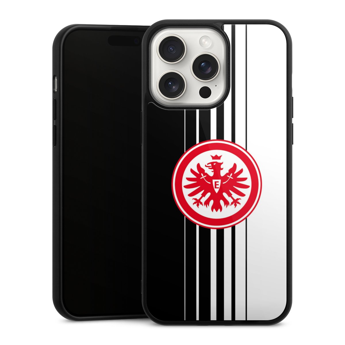 iPhone 15 Pro Max Handy Gallery Case Handyhülle 9H Gehärtetes Glas Rückseite Hülle Stripes Eintracht Frankfurt Official Licensed Product Gallery Case