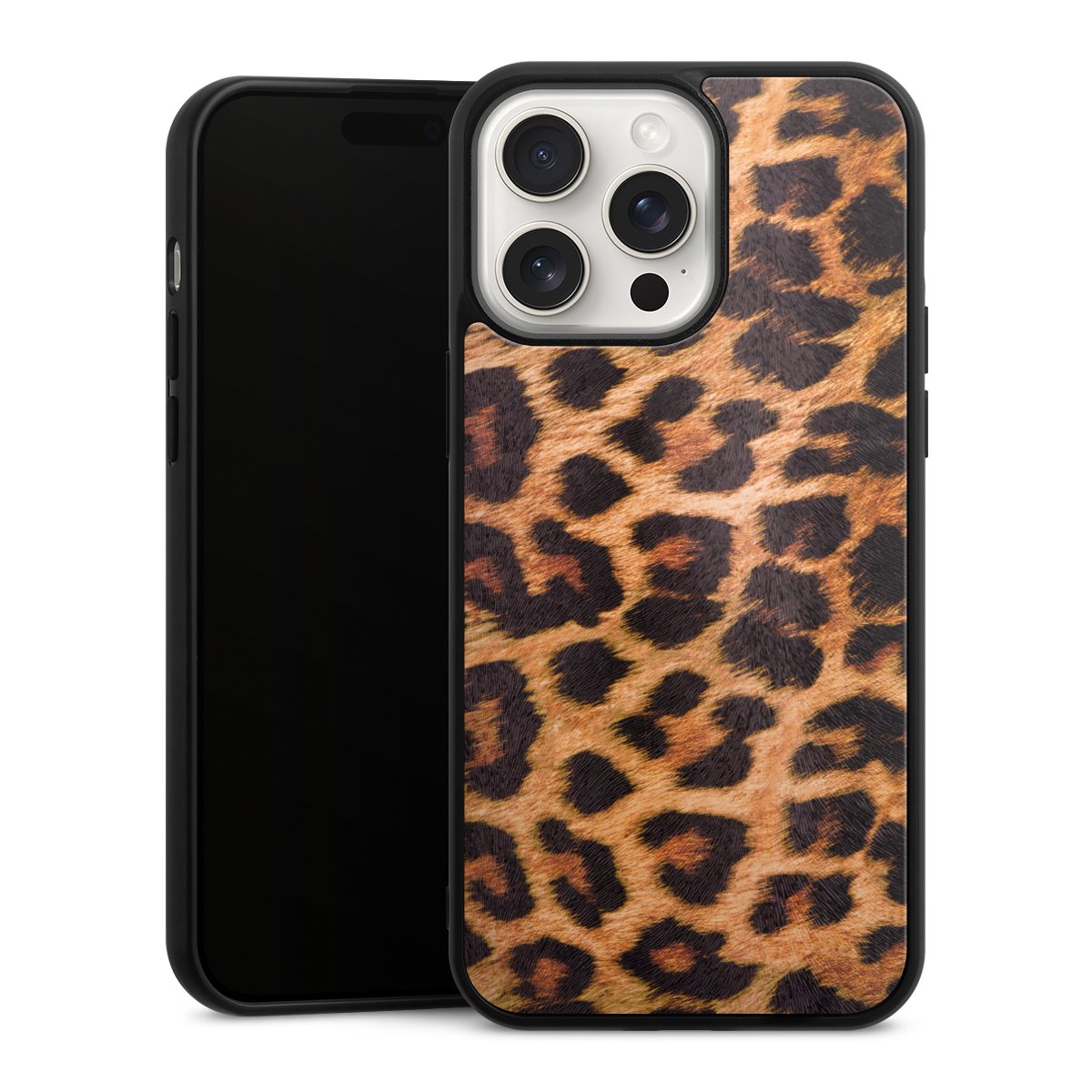 iPhone 15 Pro Max Handy Gallery Case Handyhülle 9H Gehärtetes Glas Rückseite Hülle Animal Print Leopard Fur Gallery Case