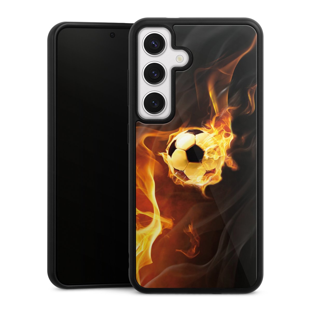 Galaxy S24 Handy Gallery Case Handyhülle 9H Gehärtetes Glas Rückseite Hülle Ball Fire Soccer Gallery Case