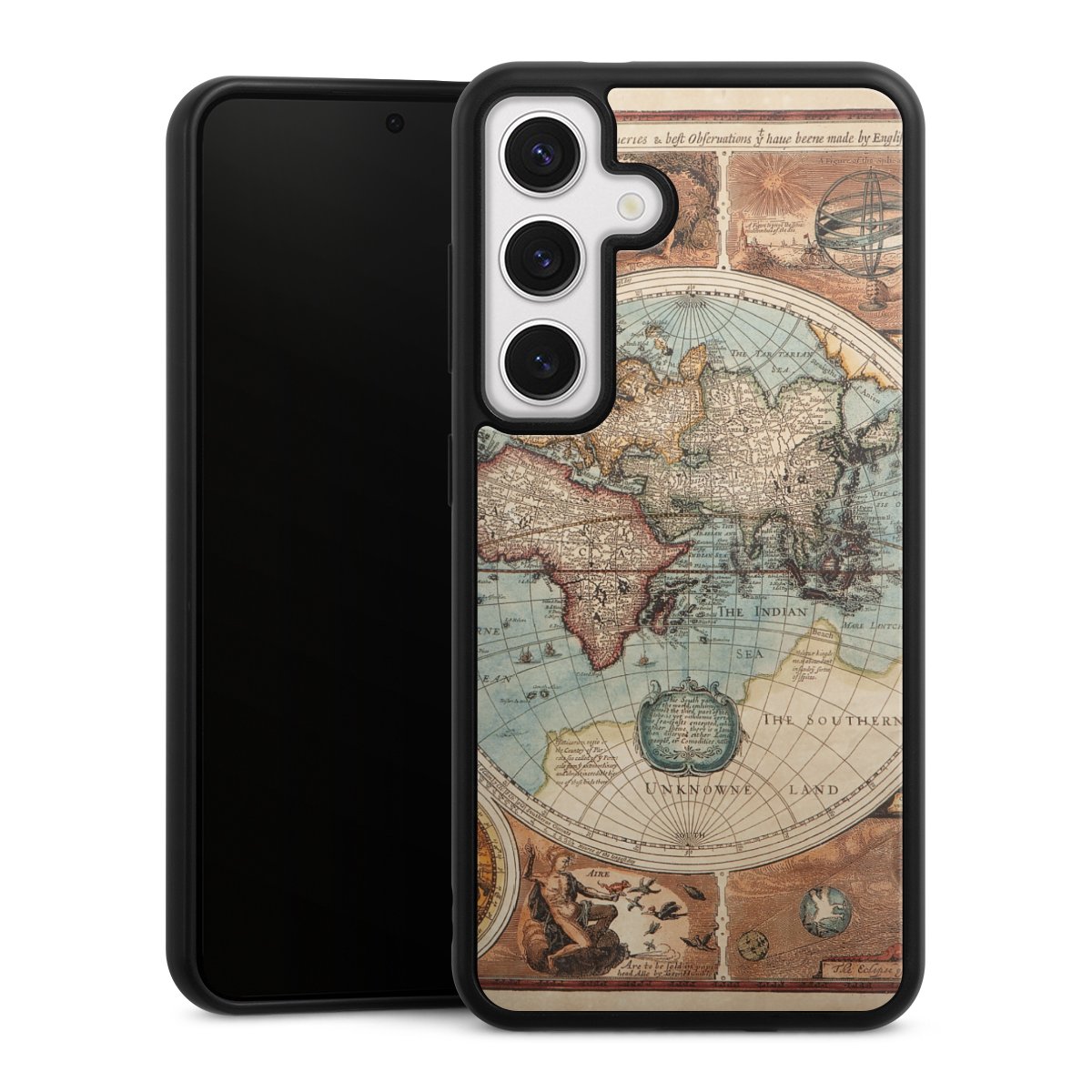 Galaxy S24 Handy Gallery Case Handyhülle 9H Gehärtetes Glas Rückseite Hülle World Map Vintage Map Gallery Case