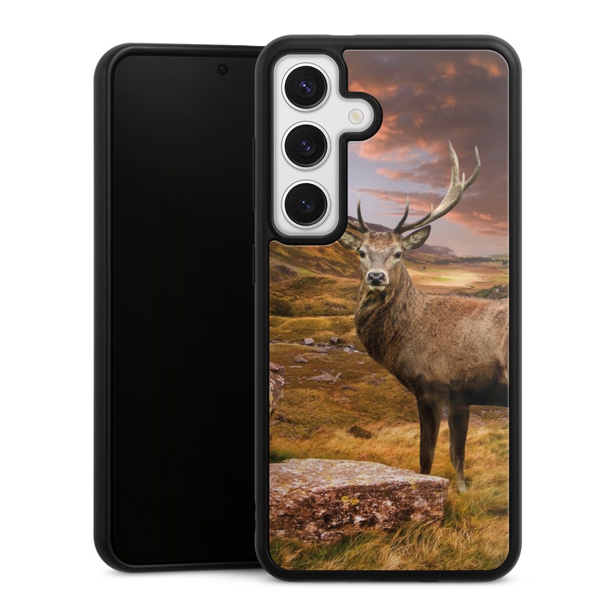 Galaxy S24 Handy Gallery Case Handyhülle 9H Gehärtetes Glas Rückseite Hülle Meadow Mountain Deer Gallery Case