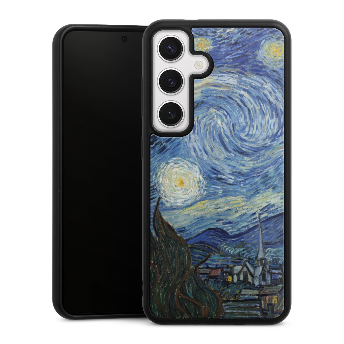 Galaxy S24 Handy Gallery Case Handyhülle 9H Gehärtetes Glas Rückseite Hülle The Starry Night Kunst Vincent Van Gogh Gallery Case