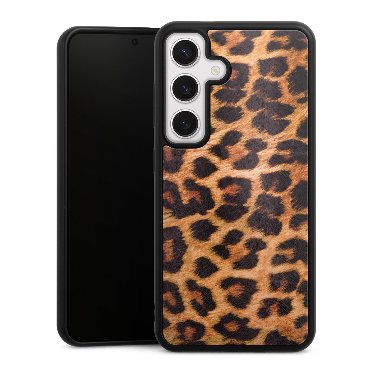 Galaxy S24 Handy Gallery Case Handyhülle 9H Gehärtetes Glas Rückseite Hülle Animal Print Leopard Fur Gallery Case