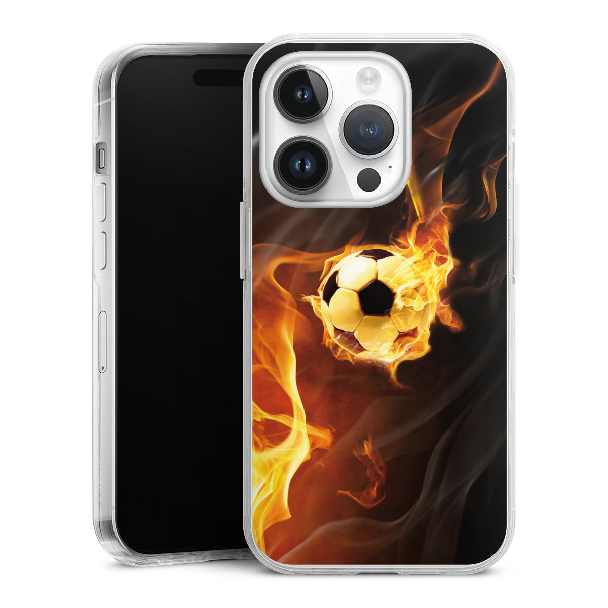 iPhone 14 Pro Handy Case Handyhülle transparent Hülle Ball Fire Soccer Hard Case