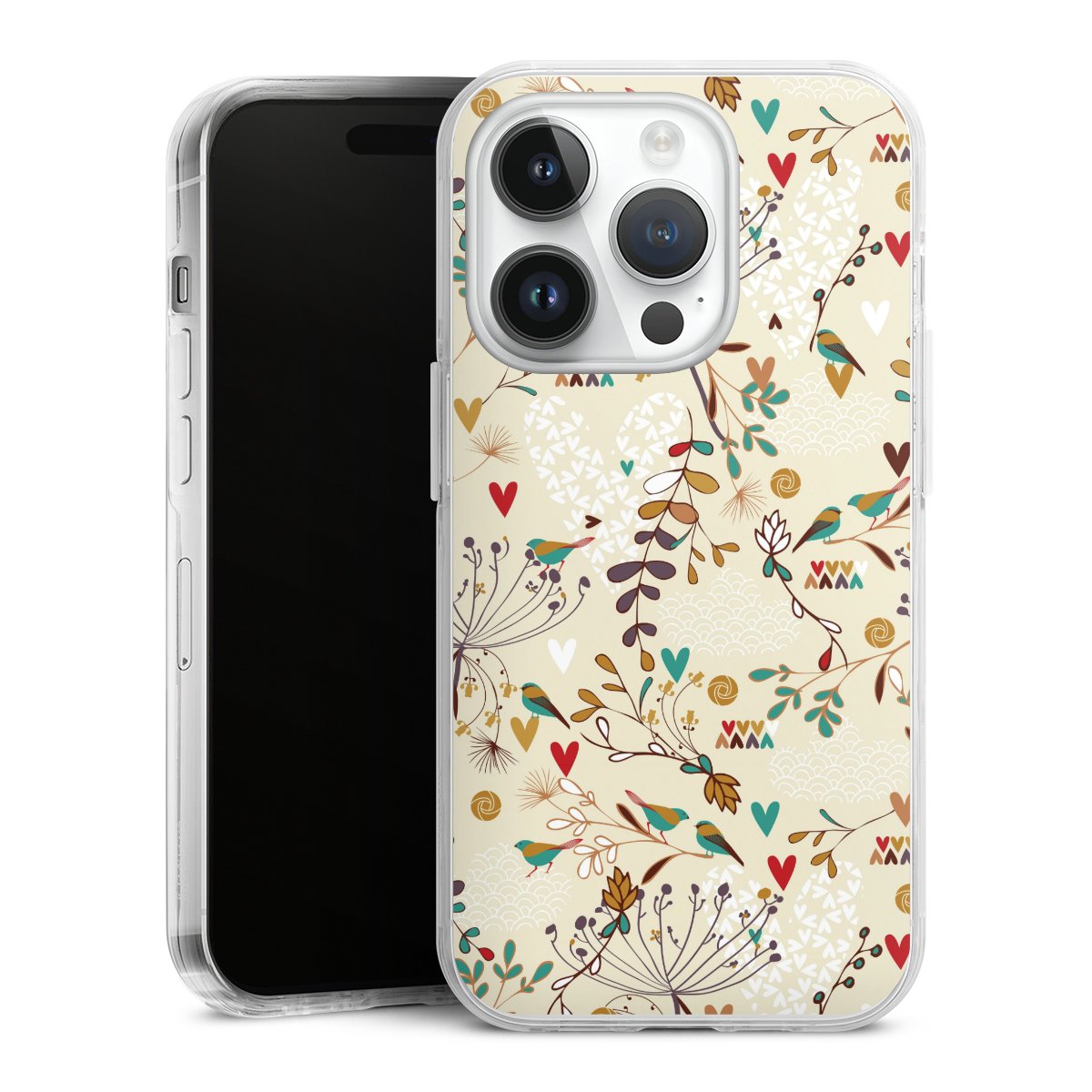 iPhone 14 Pro Handy Case Handyhülle transparent Hülle Bird Flowers Retro Hard Case