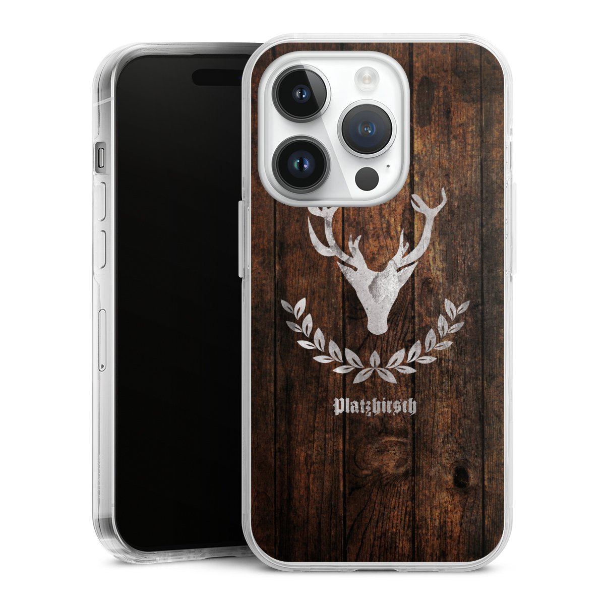 iPhone 14 Pro Handy Case Handyhülle transparent Hülle Deer Wood Wooden Look Hard Case