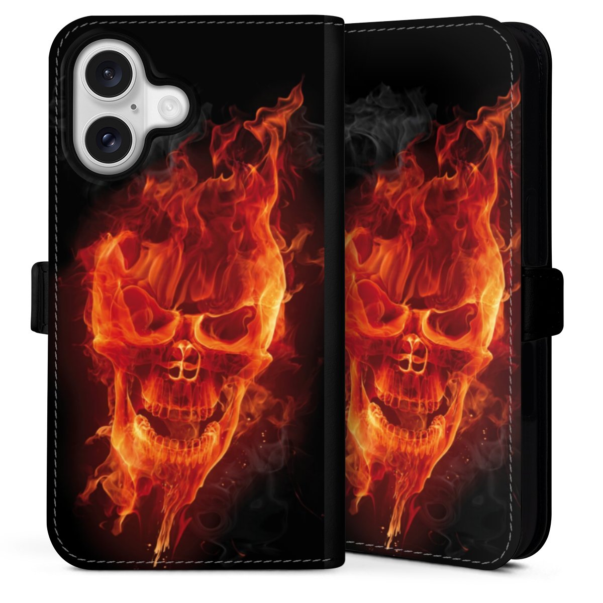 iPhone 16 Handy Klapphülle Handyhülle aus Kunst Leder schwarz Flip Case Totenkopf Skull Fire Sideflip mit Lasche