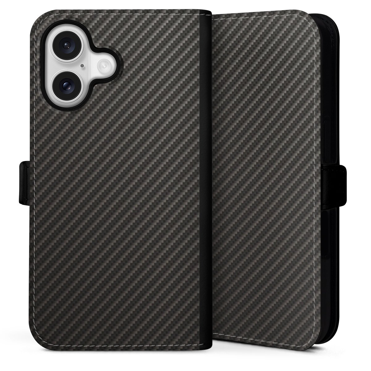 iPhone 16 Handy Klapphülle Handyhülle aus Kunst Leder schwarz Flip Case Metallic Look Carbon Muster Sideflip mit Lasche