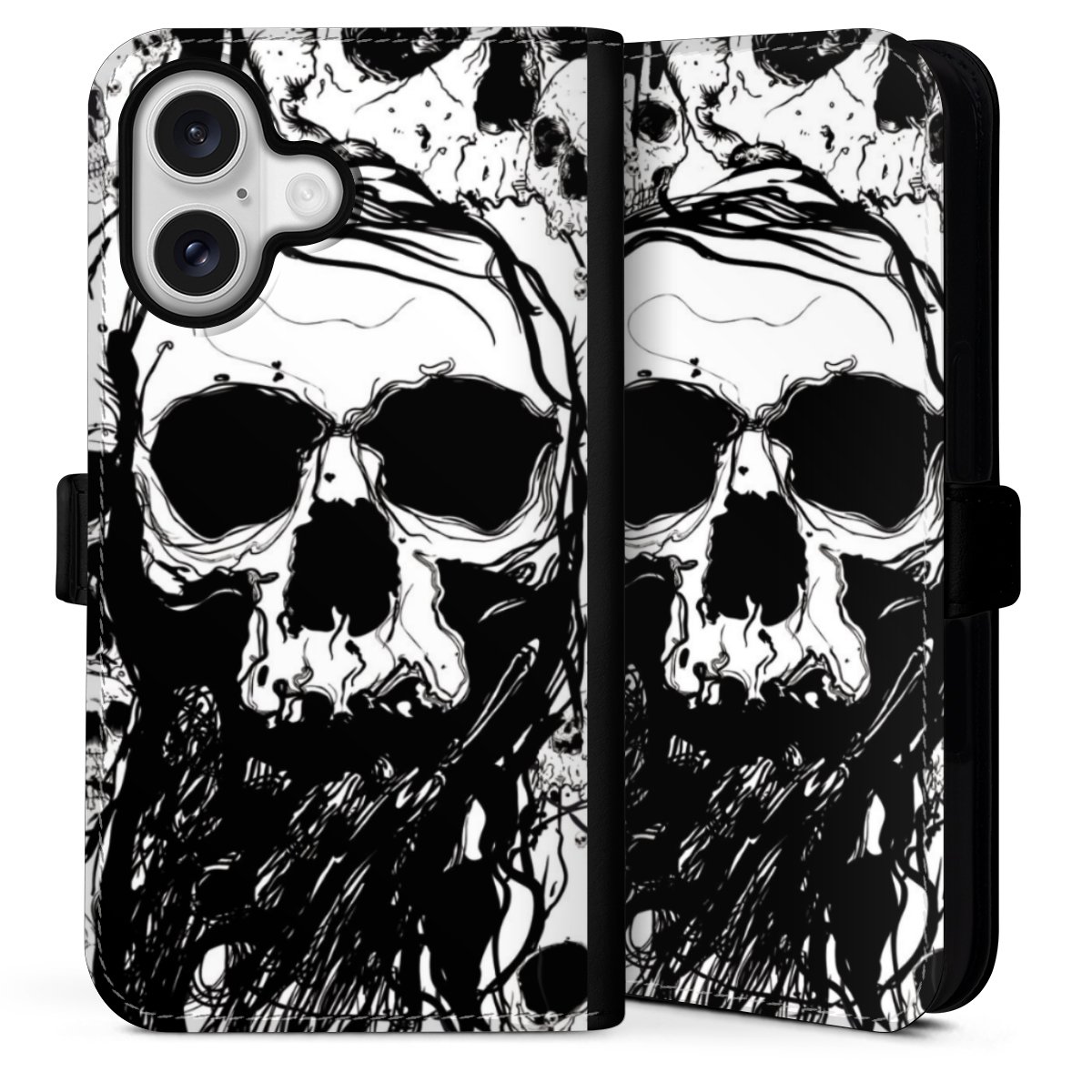 iPhone 16 Handy Klapphülle Handyhülle aus Kunst Leder schwarz Flip Case Totenkopf Halloween Sideflip mit Lasche