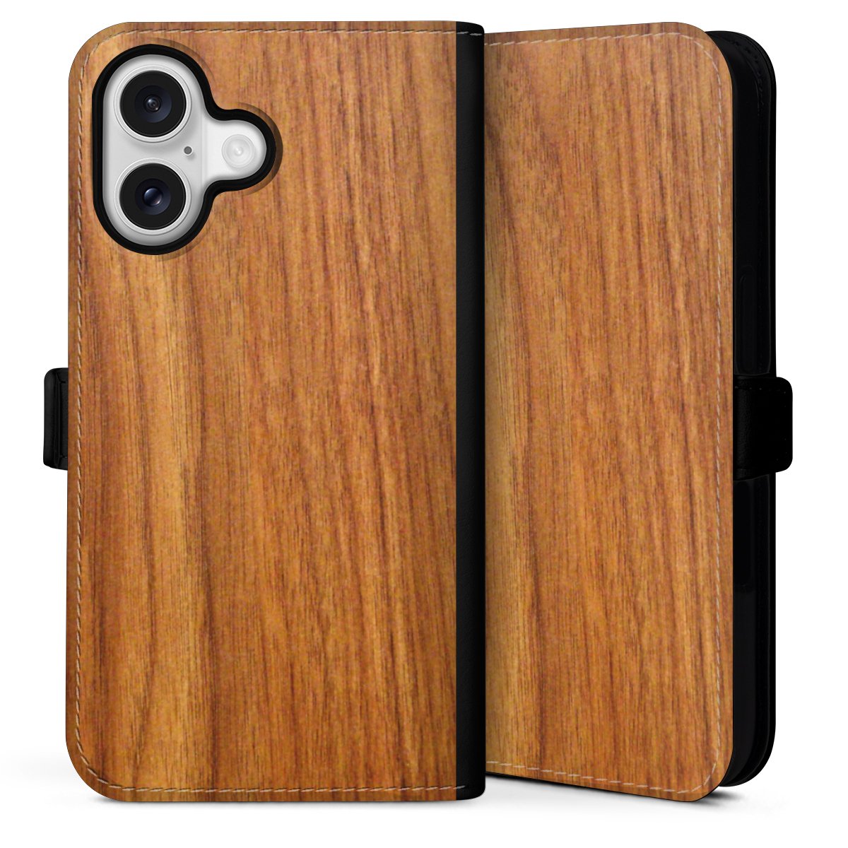 iPhone 16 Handy Klapphülle Handyhülle aus Kunst Leder schwarz Flip Case Wood Larch Wooden Look Sideflip mit Lasche