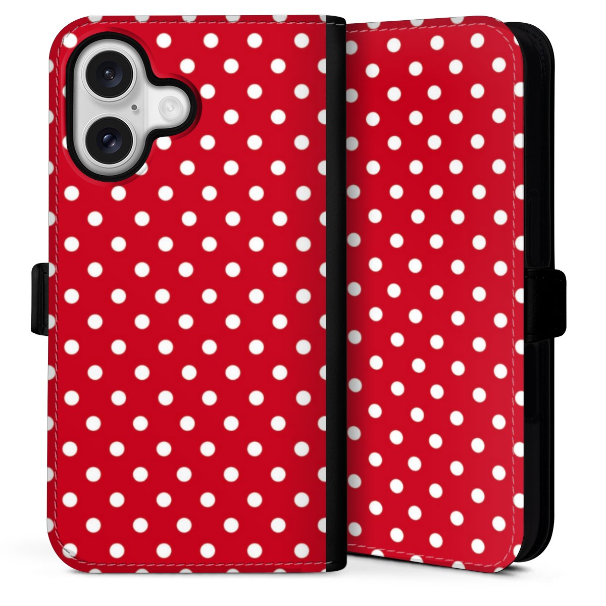 iPhone 16 Handy Klapphülle Handyhülle aus Kunst Leder schwarz Flip Case Points Polka Dots Retro Sideflip mit Lasche