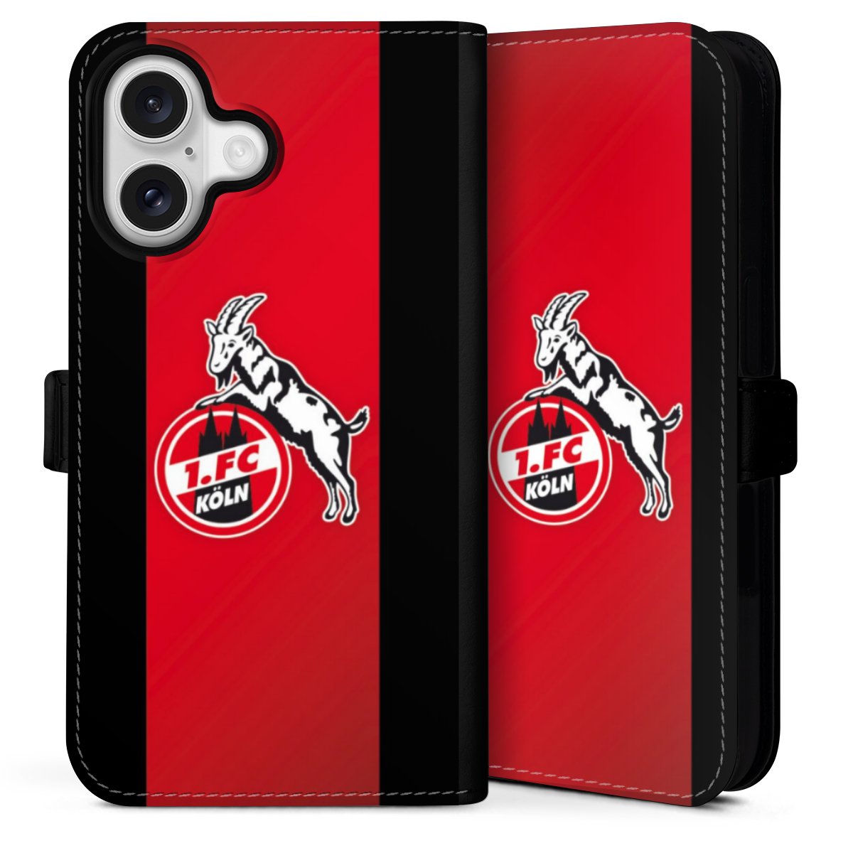 iPhone 16 Handy Klapphülle Handyhülle aus Kunst Leder schwarz Flip Case Official Licensed Product Billy Goat Hennes 1. Fc Köln Sideflip mit Lasche