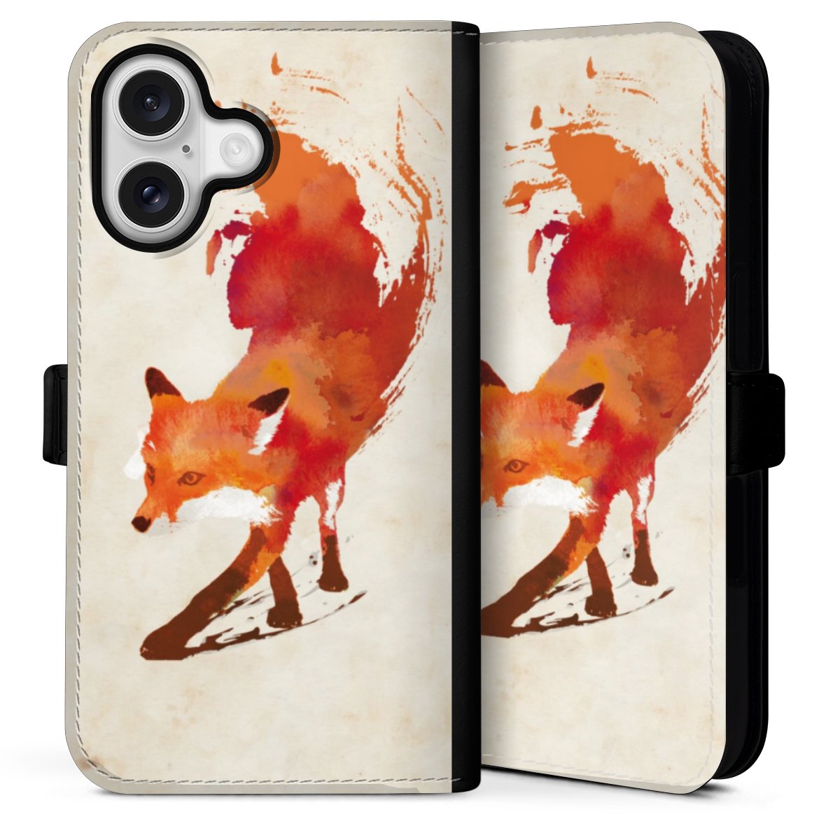 iPhone 16 Handy Klapphülle Handyhülle aus Kunst Leder schwarz Flip Case Fox Graphic Sideflip mit Lasche