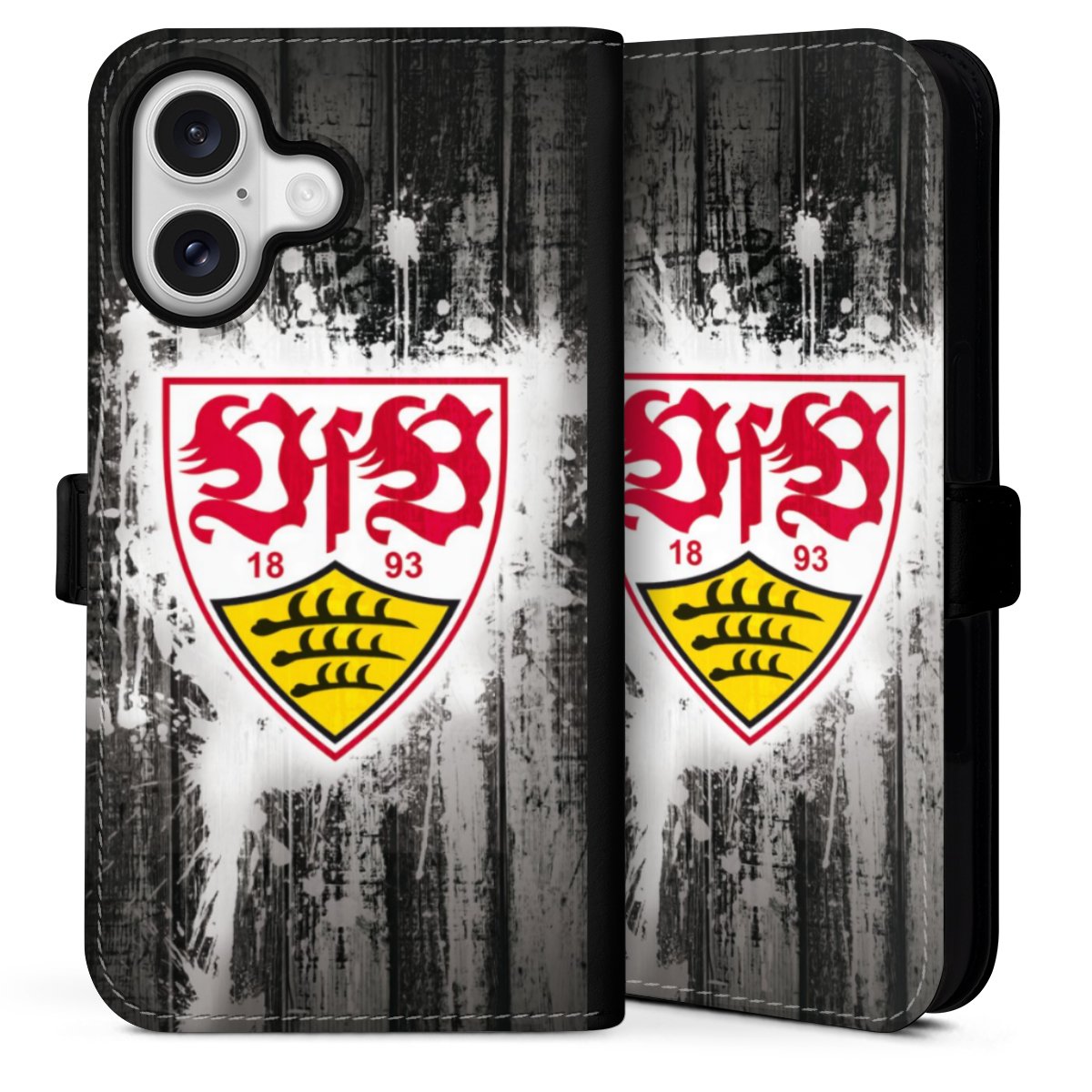 iPhone 16 Handy Klapphülle Handyhülle aus Kunst Leder schwarz Flip Case Vfb Stuttgart Official Licensed Product Sideflip mit Lasche