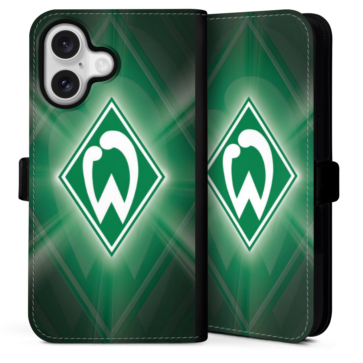 iPhone 16 Handy Klapphülle Handyhülle aus Kunst Leder schwarz Flip Case Sv Werder Bremen Official Licensed Product Coat Of Arms Sideflip mit Lasche