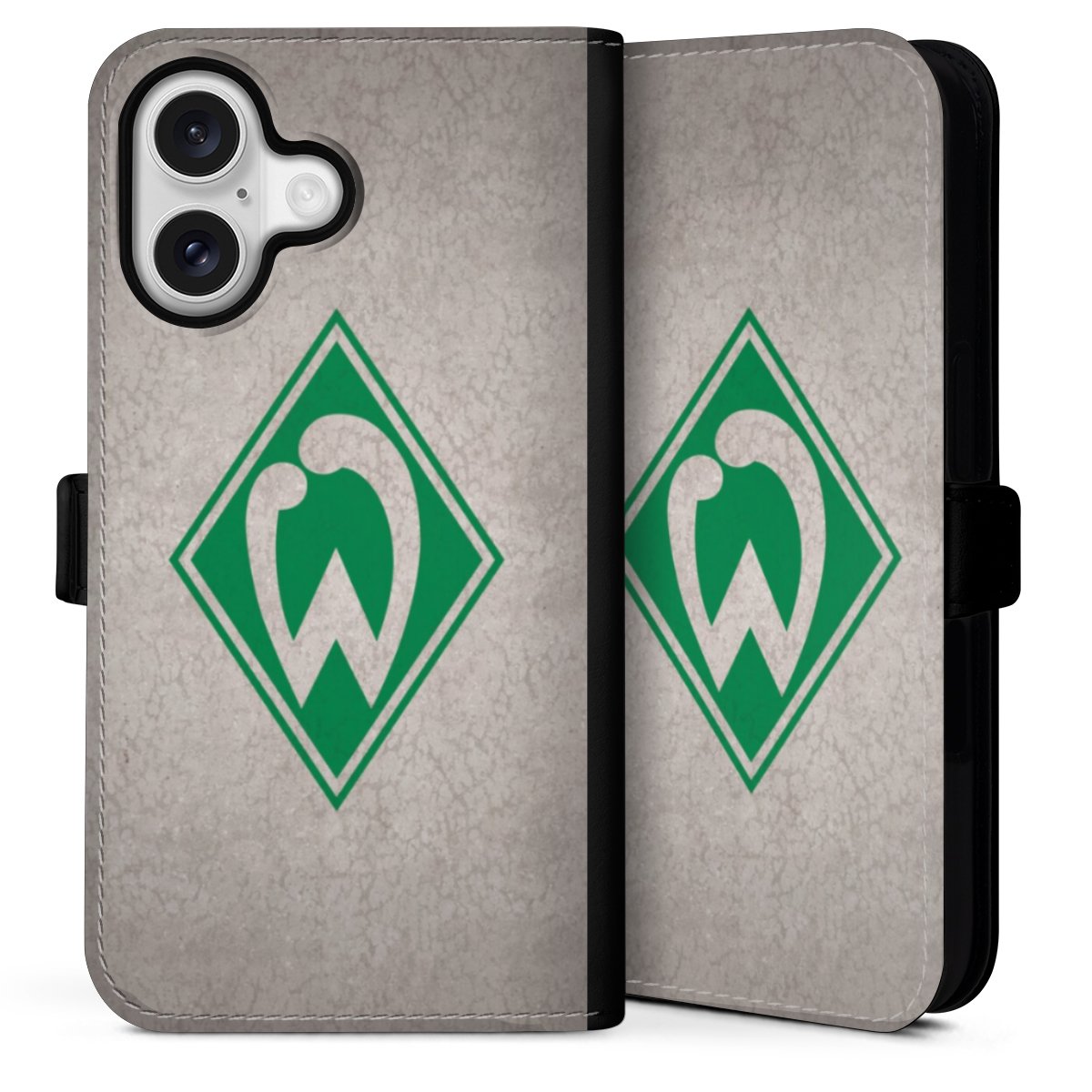 iPhone 16 Handy Klapphülle Handyhülle aus Kunst Leder schwarz Flip Case Sv Werder Bremen Concrete Official Licensed Product Sideflip mit Lasche