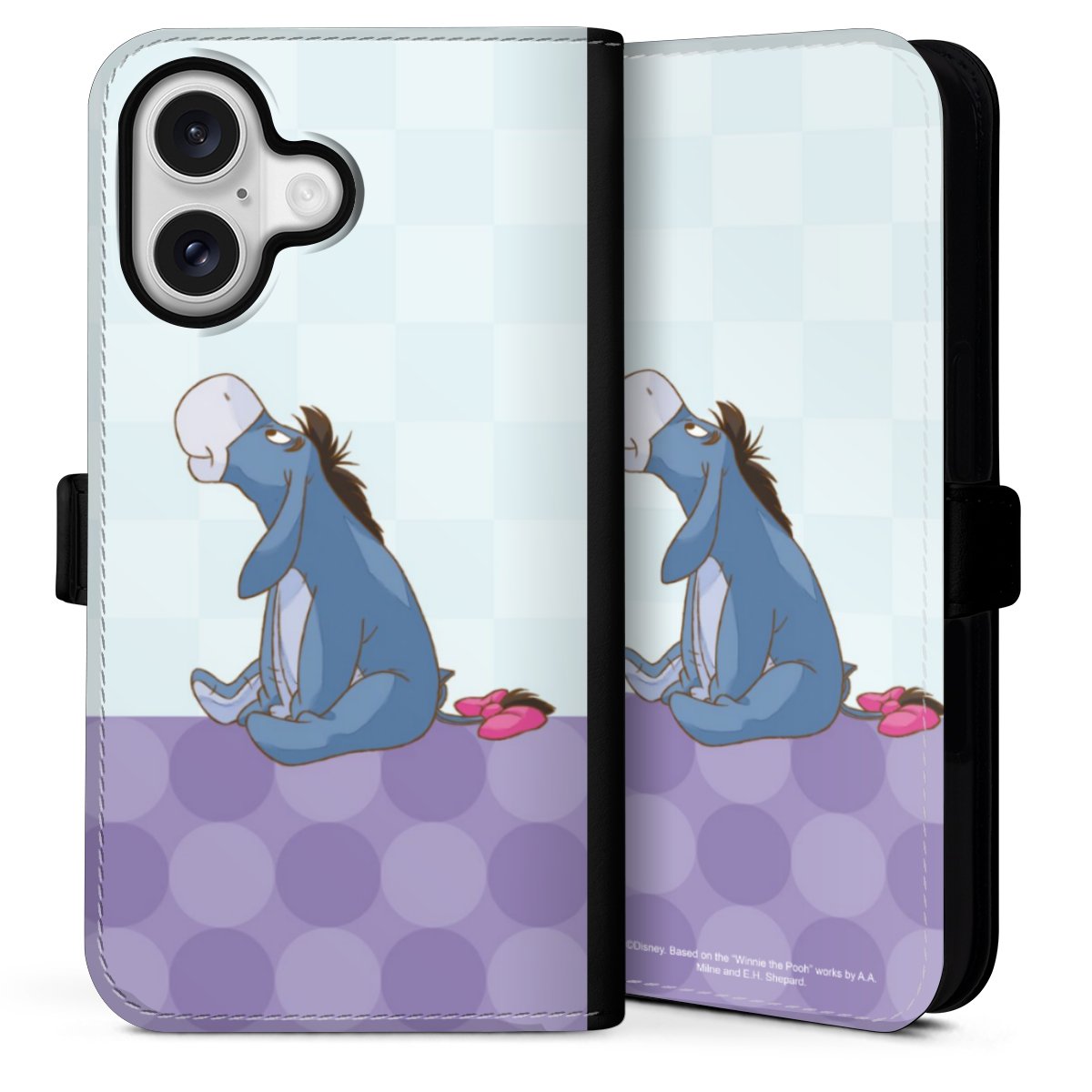 iPhone 16 Handy Klapphülle Handyhülle aus Kunst Leder schwarz Flip Case Disney Donkey Winnie The Pooh Sideflip mit Lasche