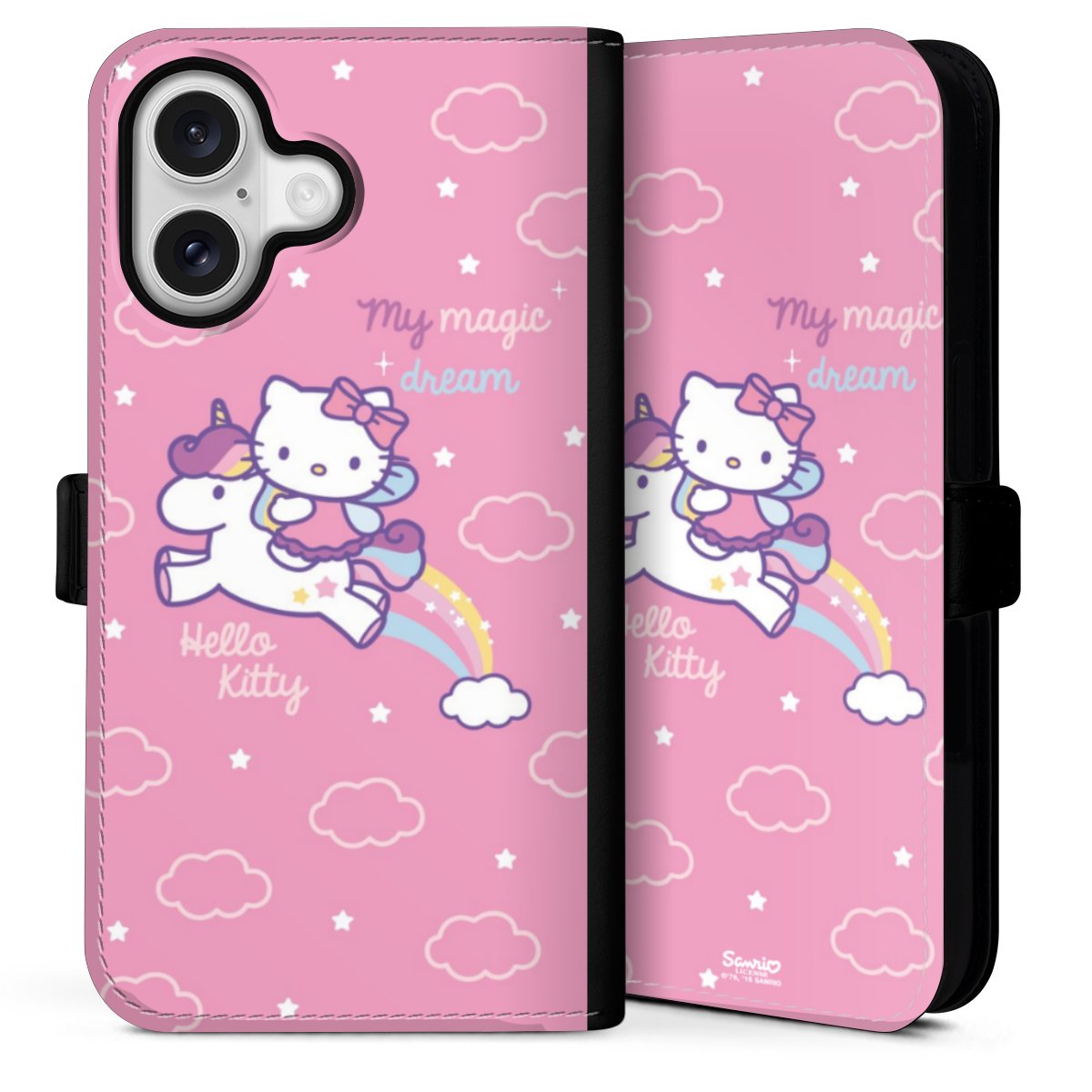 iPhone 16 Handy Klapphülle Handyhülle aus Kunst Leder schwarz Flip Case Einhorn Official Licensed Product Hello Kitty Sideflip mit Lasche