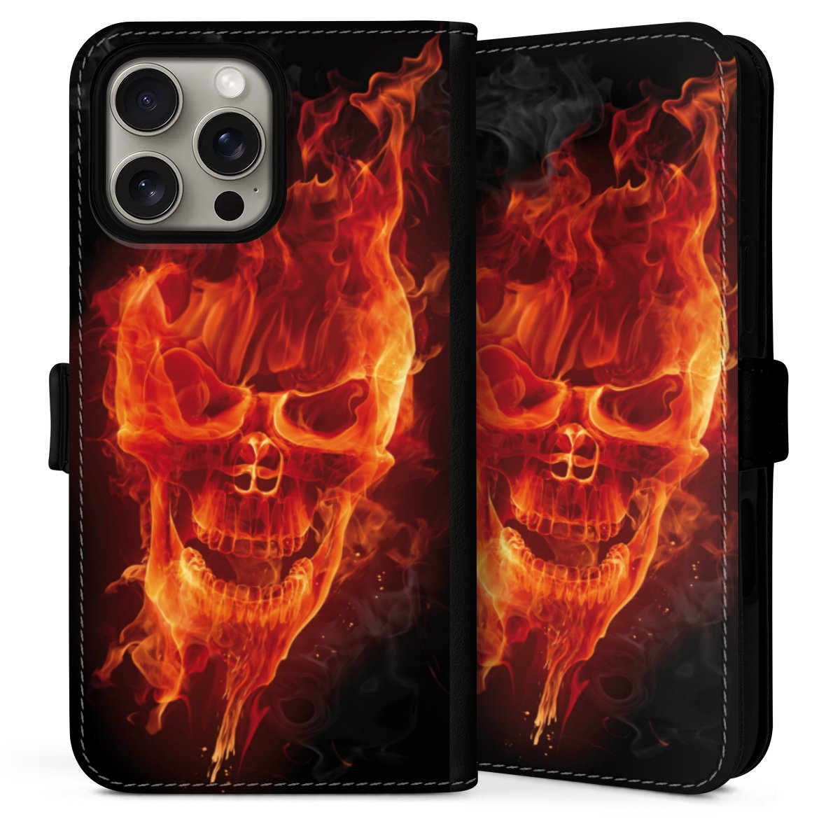 iPhone 16 Pro Handy Klapphülle Handyhülle aus Kunst Leder schwarz Flip Case Totenkopf Skull Fire Sideflip mit Lasche