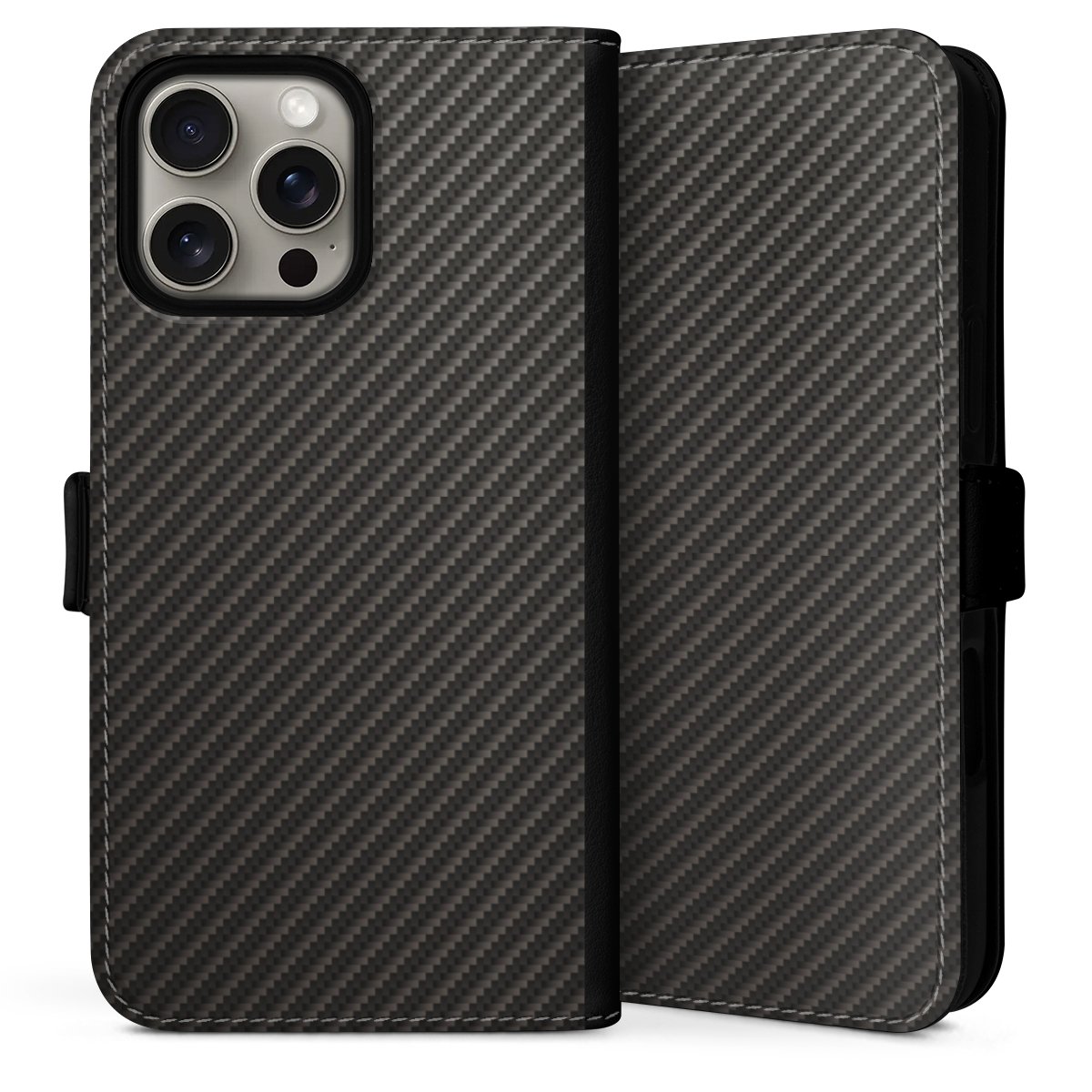 iPhone 16 Pro Handy Klapphülle Handyhülle aus Kunst Leder schwarz Flip Case Metallic Look Carbon Muster Sideflip mit Lasche