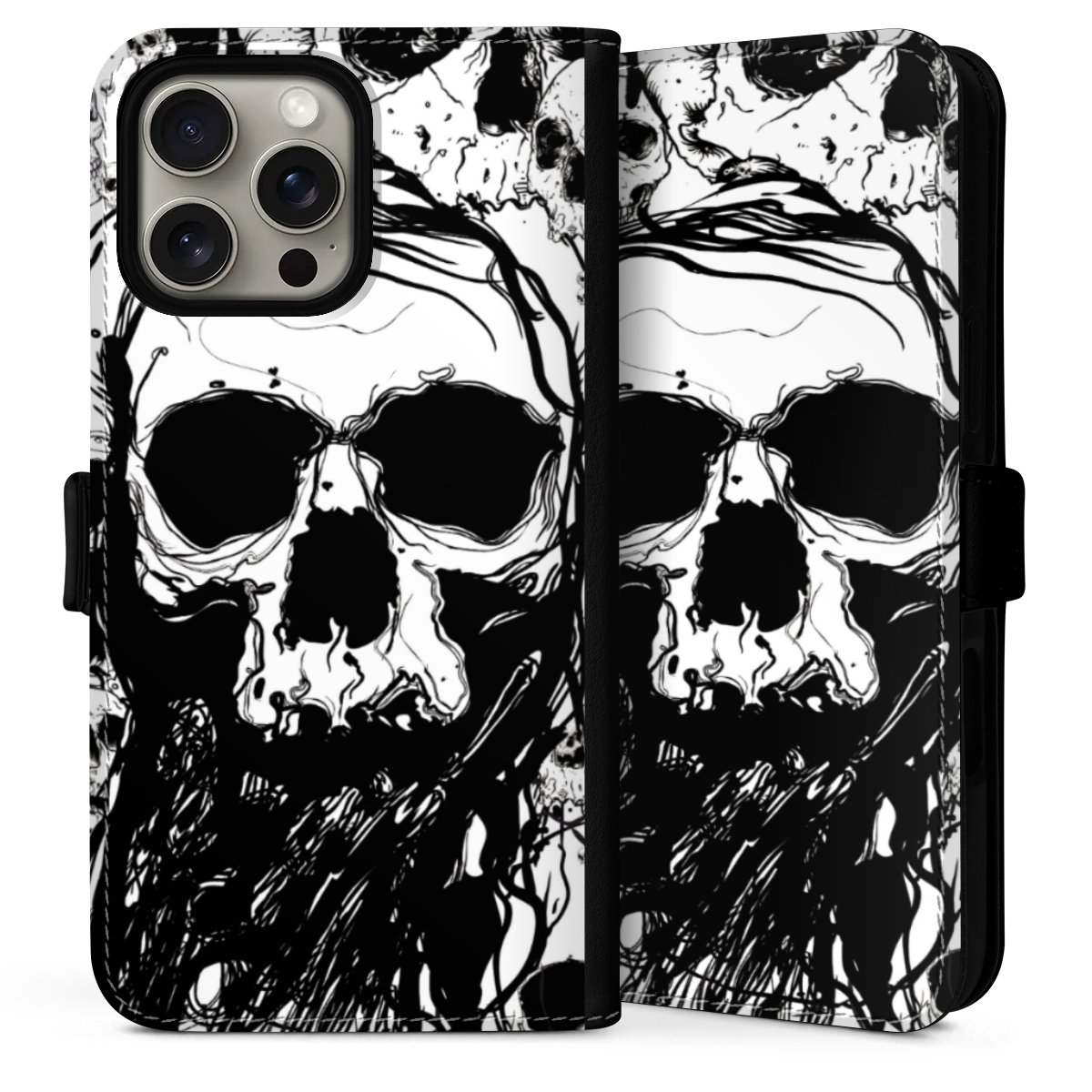 iPhone 16 Pro Handy Klapphülle Handyhülle aus Kunst Leder schwarz Flip Case Totenkopf Halloween Sideflip mit Lasche