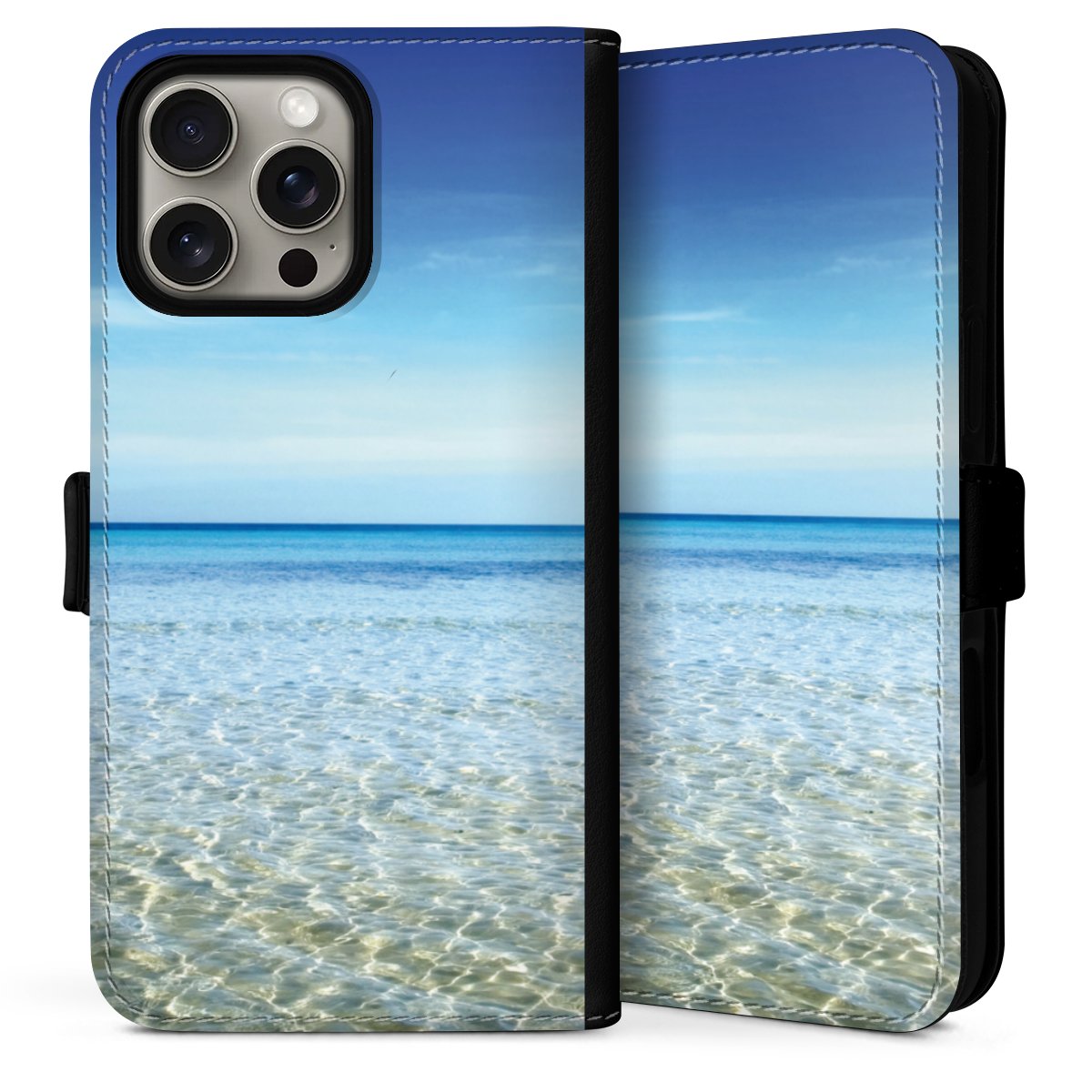 iPhone 16 Pro Handy Klapphülle Handyhülle aus Kunst Leder schwarz Flip Case Urlaub Sky Ocean Sideflip mit Lasche