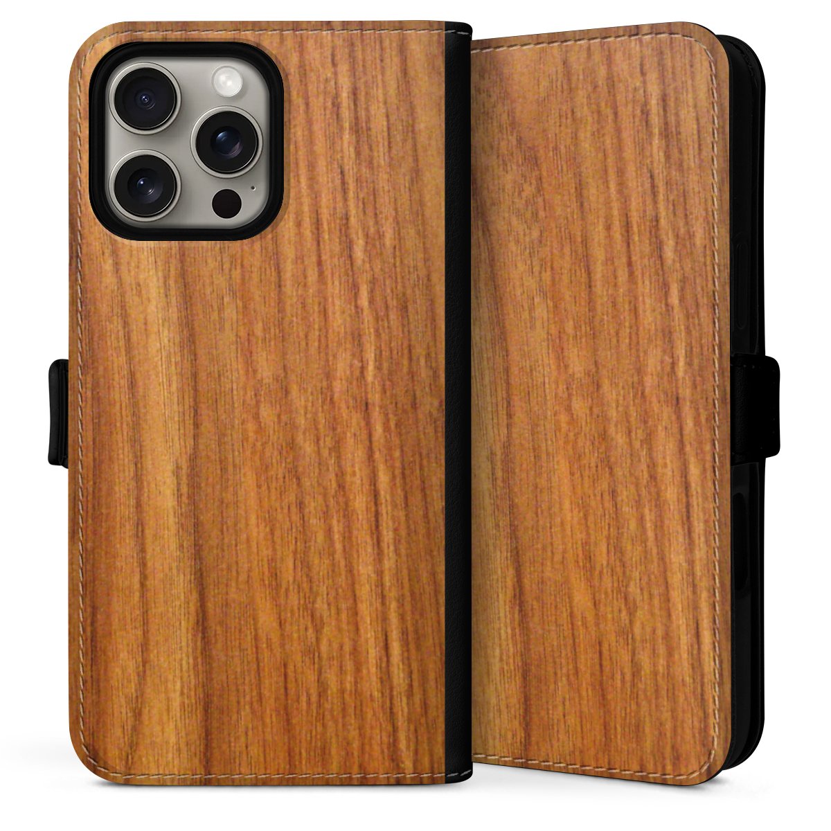 iPhone 16 Pro Handy Klapphülle Handyhülle aus Kunst Leder schwarz Flip Case Wood Larch Wooden Look Sideflip mit Lasche