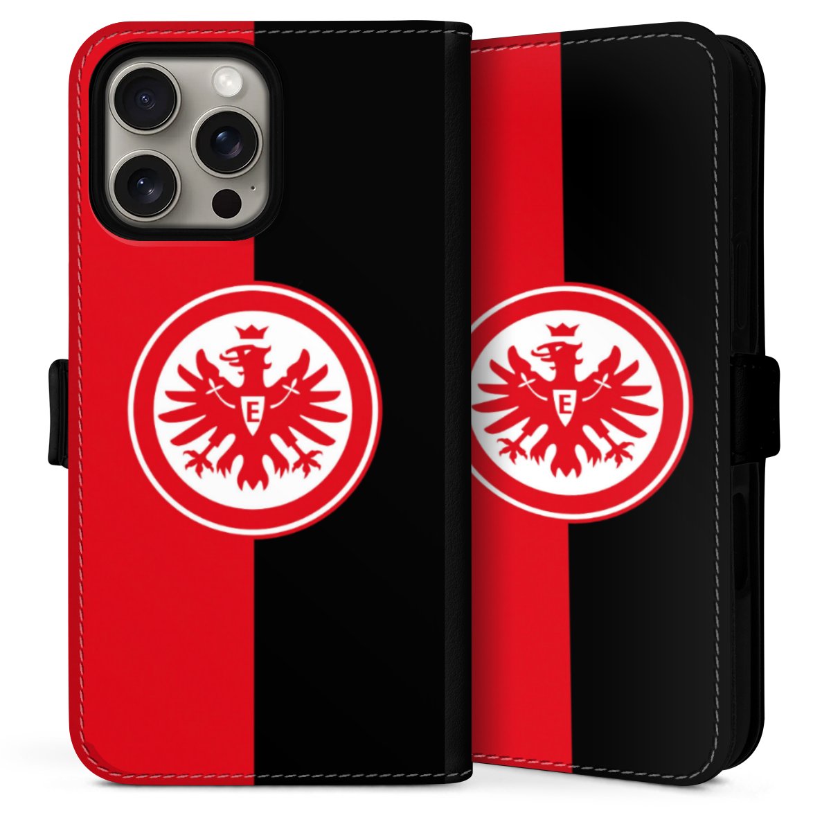 iPhone 16 Pro Handy Klapphülle Handyhülle aus Kunst Leder schwarz Flip Case Official Licensed Product Eintracht Frankfurt Sge Sideflip mit Lasche