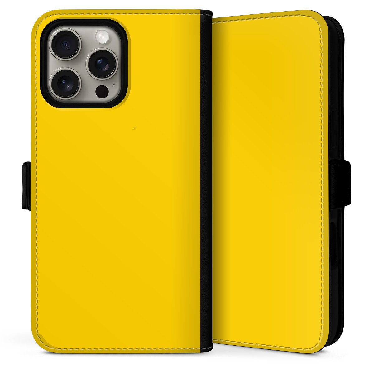 iPhone 16 Pro Handy Klapphülle Handyhülle aus Kunst Leder schwarz Flip Case Yellow Unicoloured Colour Sideflip mit Lasche