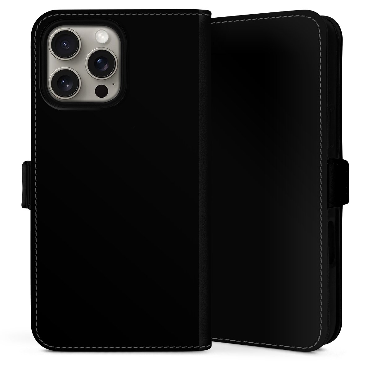 iPhone 16 Pro Handy Klapphülle Handyhülle aus Kunst Leder schwarz Flip Case Black Colour Unicoloured Sideflip mit Lasche