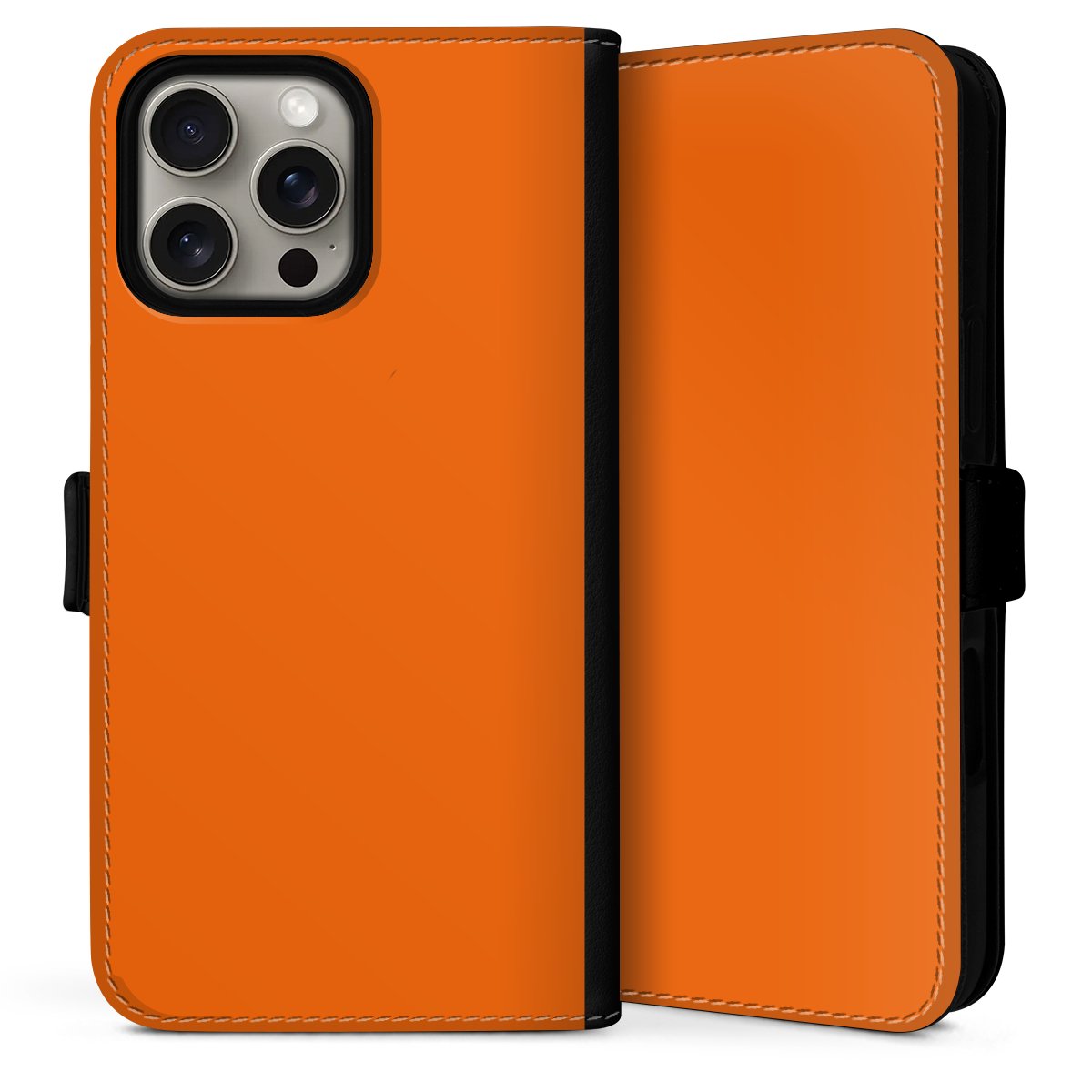 iPhone 16 Pro Handy Klapphülle Handyhülle aus Kunst Leder schwarz Flip Case Orange Colour Unicoloured Sideflip mit Lasche