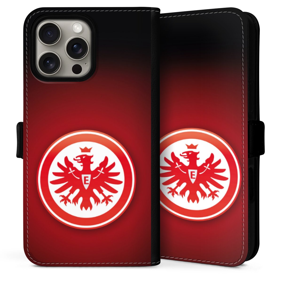 iPhone 16 Pro Handy Klapphülle Handyhülle aus Kunst Leder schwarz Flip Case Eintracht Frankfurt Official Licensed Product Coat Of Arms Sideflip mit Lasche