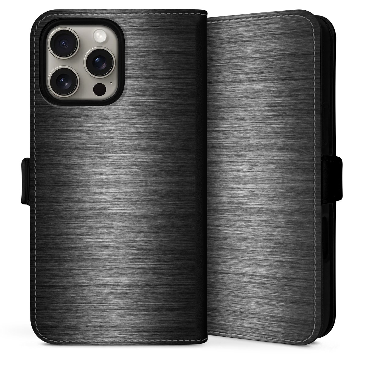 iPhone 16 Pro Handy Klapphülle Handyhülle aus Kunst Leder schwarz Flip Case Metallic Look Anthracite Metal Sideflip mit Lasche