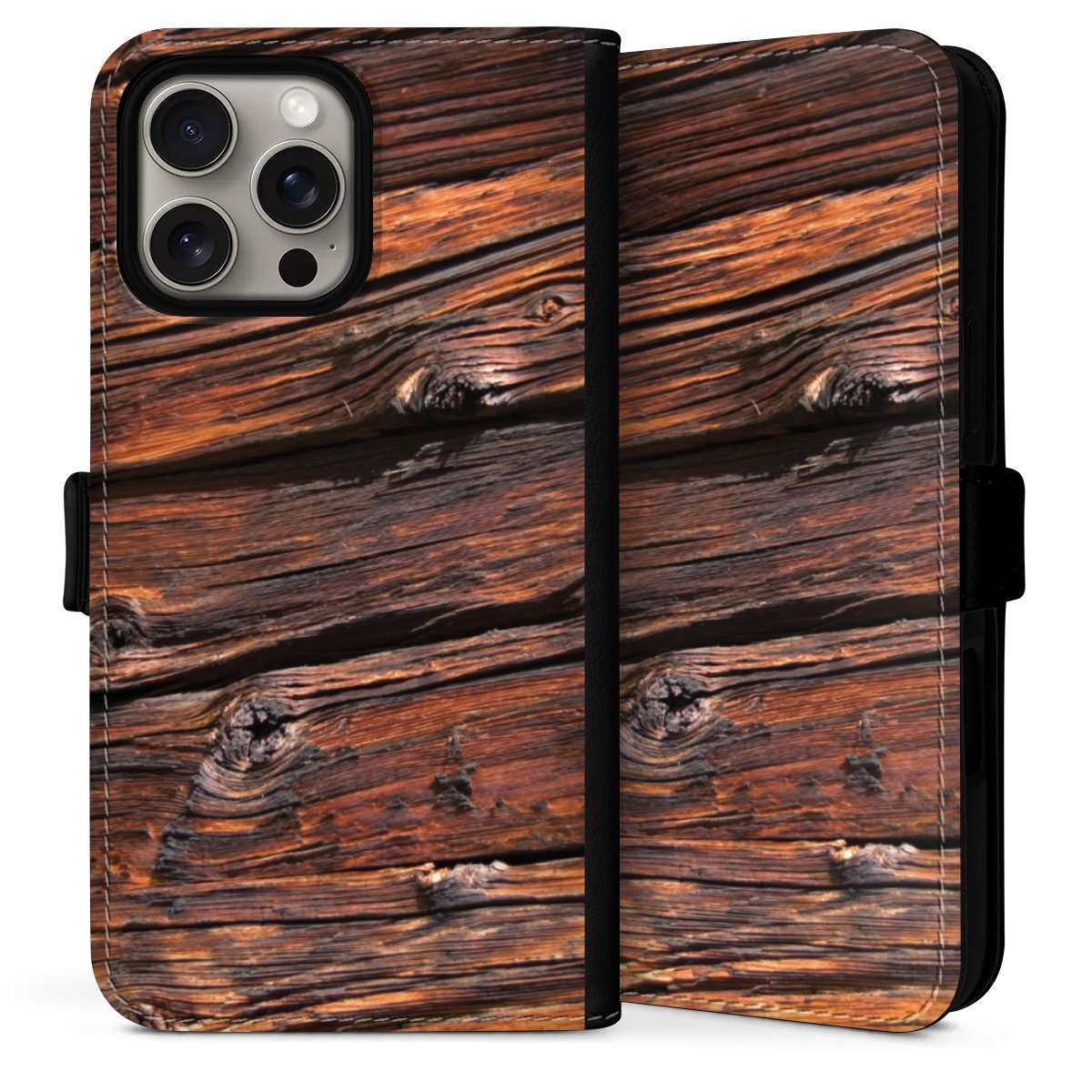 iPhone 16 Pro Handy Klapphülle Handyhülle aus Kunst Leder schwarz Flip Case Beams Wooden Look Wood Sideflip mit Lasche