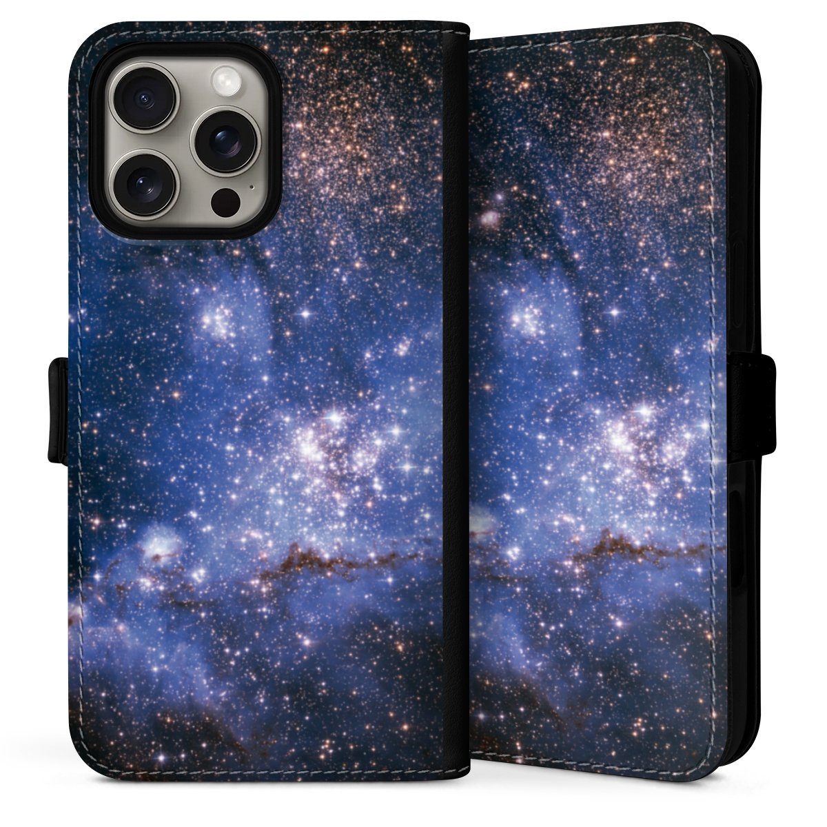 iPhone 16 Pro Handy Klapphülle Handyhülle aus Kunst Leder schwarz Flip Case Weltall Galaxy Weltraum Sideflip mit Lasche