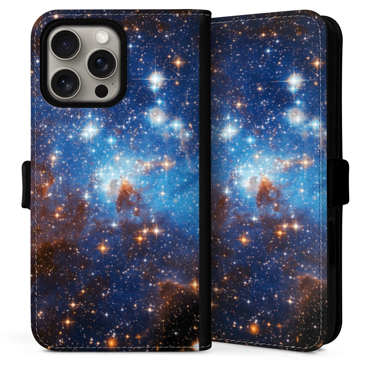 iPhone 16 Pro Handy Klapphülle Handyhülle aus Kunst Leder schwarz Flip Case Star Weltall Galaxy Sideflip mit Lasche