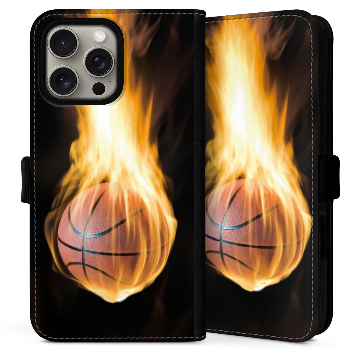 iPhone 16 Pro Handy Klapphülle Handyhülle aus Kunst Leder schwarz Flip Case Basketball Sports Fire Sideflip mit Lasche