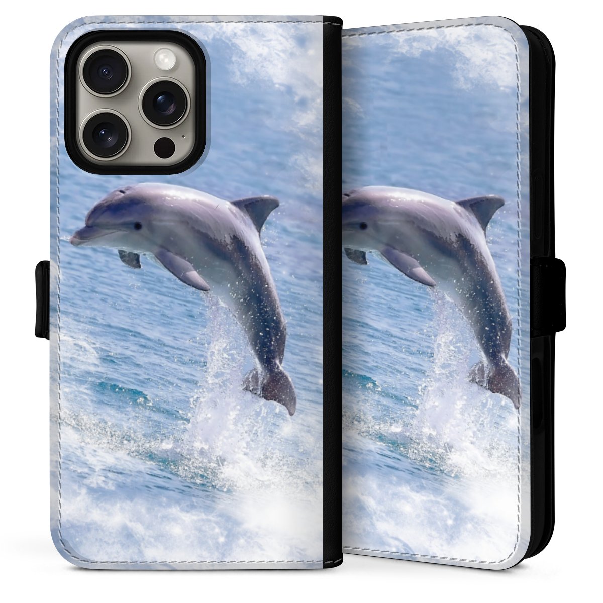 iPhone 16 Pro Handy Klapphülle Handyhülle aus Kunst Leder schwarz Flip Case Dolphin Ocean Wale Sideflip mit Lasche