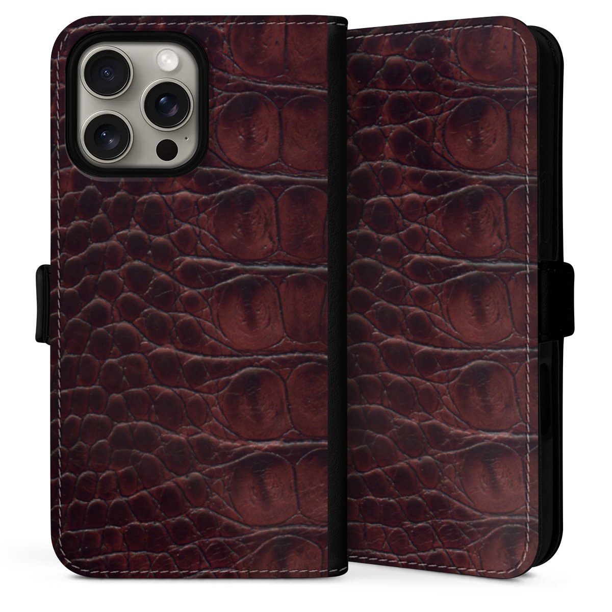 iPhone 16 Pro Handy Klapphülle Handyhülle aus Kunst Leder schwarz Flip Case Crocodile Animal Print Leather Sideflip mit Lasche