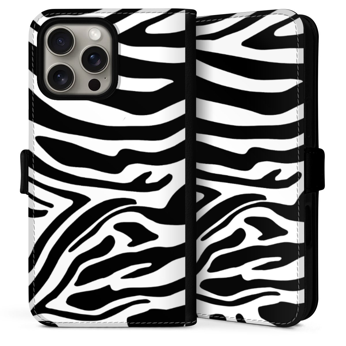 iPhone 16 Pro Handy Klapphülle Handyhülle aus Kunst Leder schwarz Flip Case Zebra Animal Look Animal Print Sideflip mit Lasche