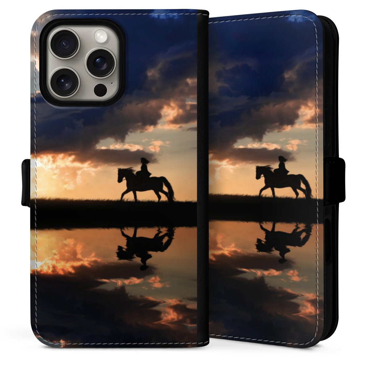 iPhone 16 Pro Handy Klapphülle Handyhülle aus Kunst Leder schwarz Flip Case Horse Sunset Horseback Riding Sideflip mit Lasche