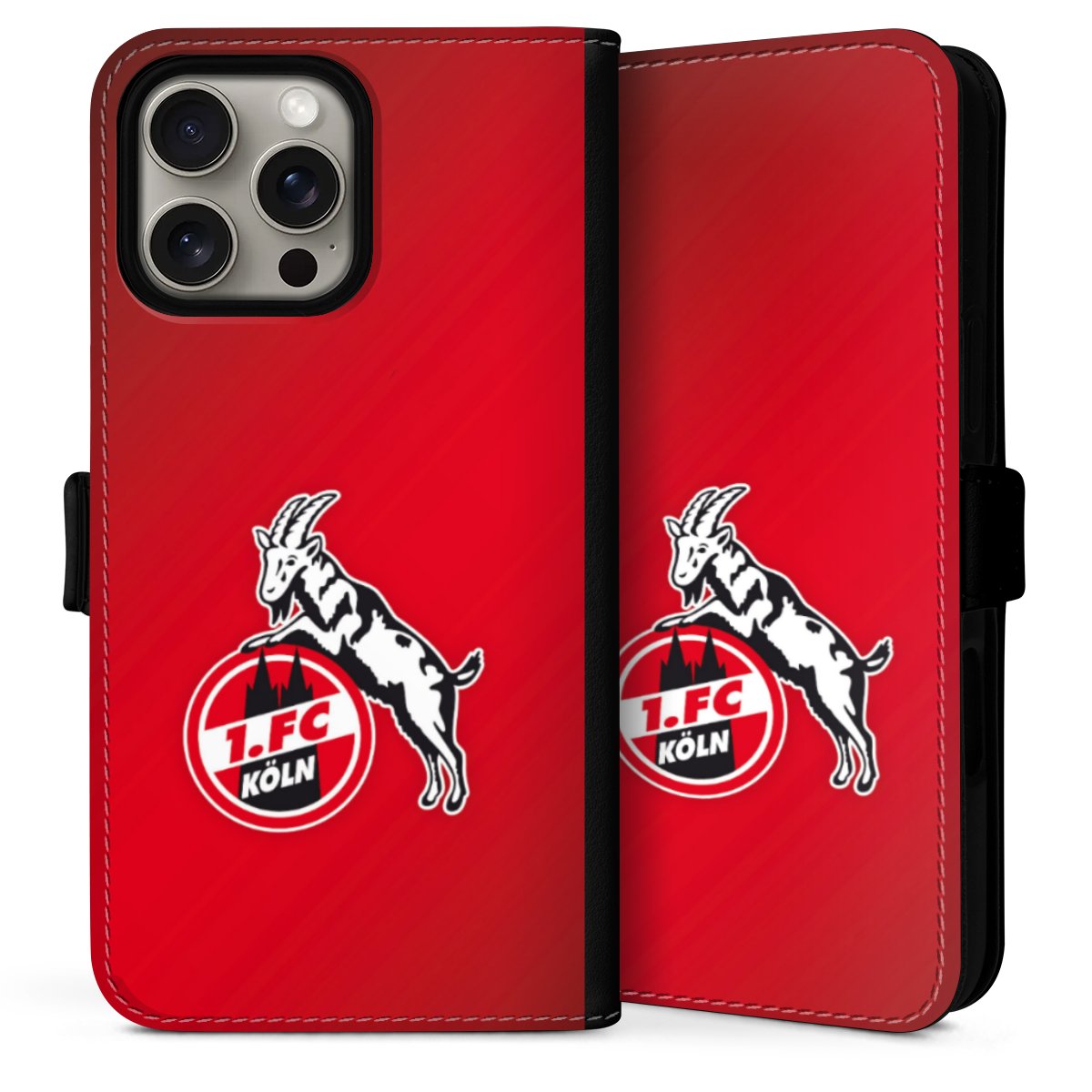 iPhone 16 Pro Handy Klapphülle Handyhülle aus Kunst Leder schwarz Flip Case Official Licensed Product Effzeh 1. Fc Köln Sideflip mit Lasche